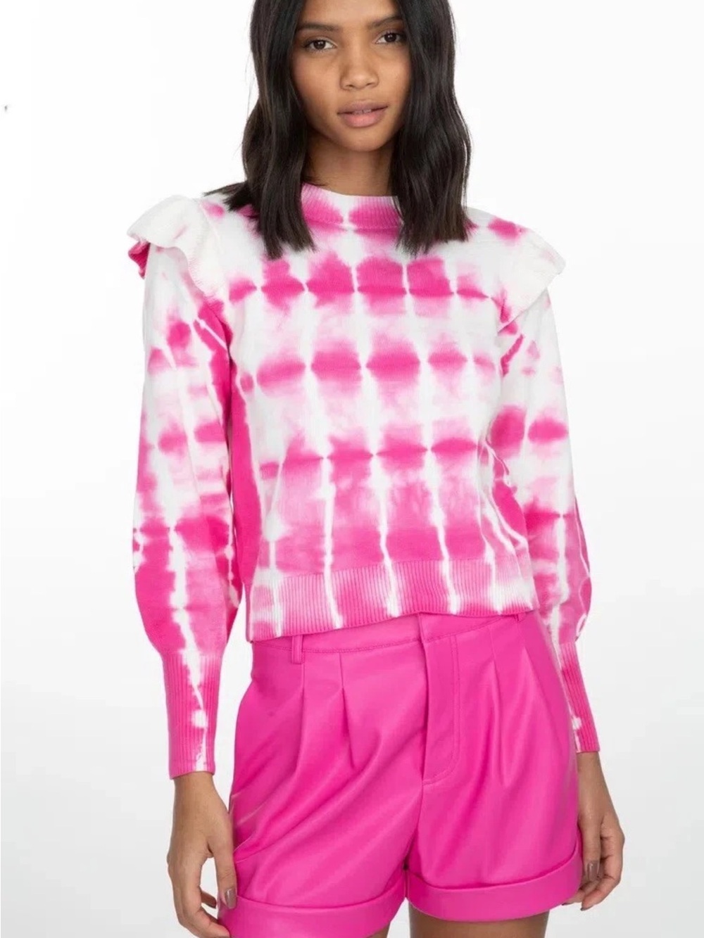 Generation Love Colette tie dye sweater pink white ruffle shoulder small